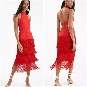 NWT Anthropologie Red Fringe Halter Midi Dress 6